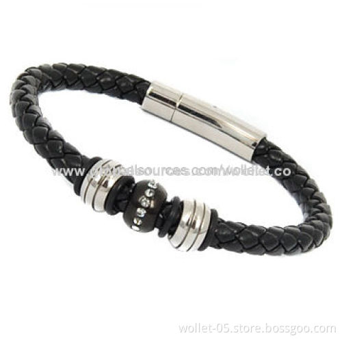 2014 new design woven genuine leather bracelet with magnetic stainless steel clasp and CZ stone